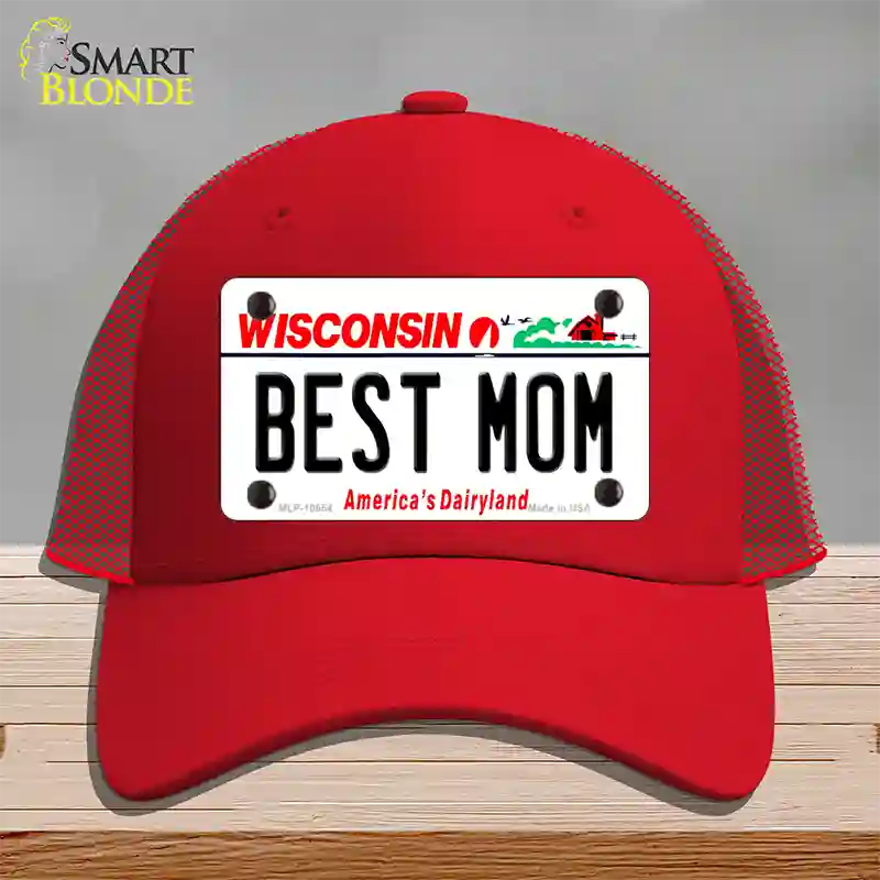 Best Mom Wisconsin Novelty License Plate Hat Mesh / Red