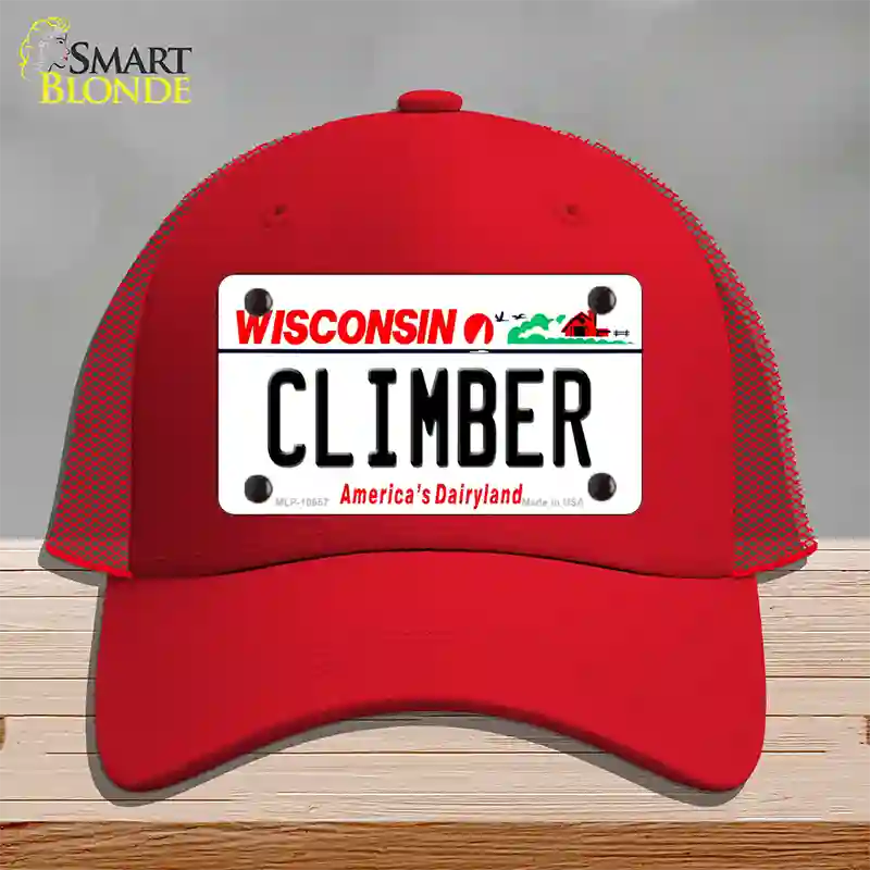 Climber Wisconsin Novelty License Plate Hat Mesh / Red