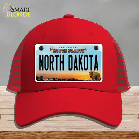 North Dakota Legendary Novelty License Plate Hat Mesh / Red