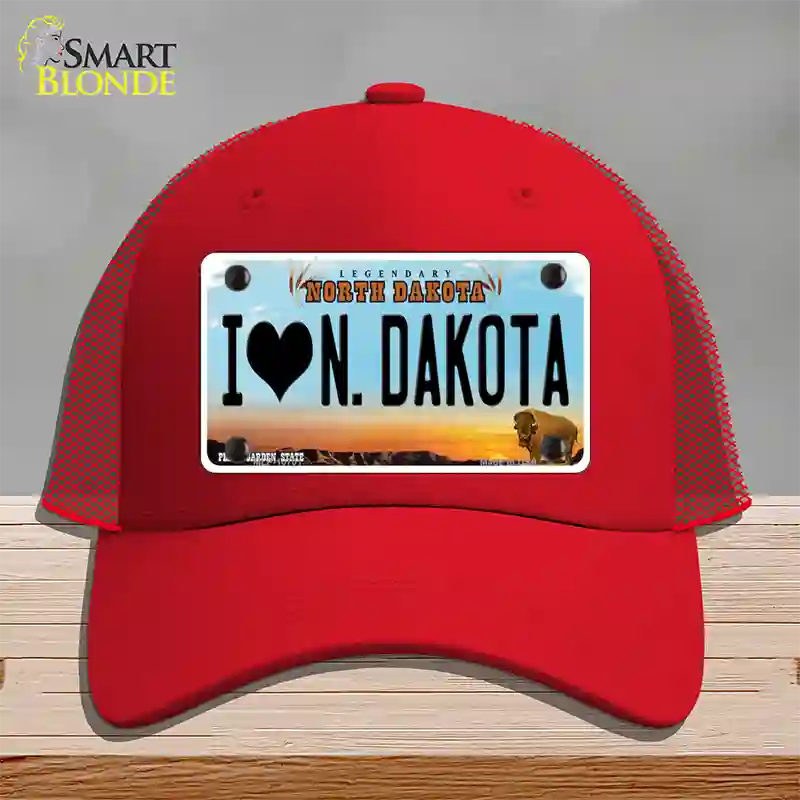 I Love North Dakota Novelty License Plate Hat Mesh / Red