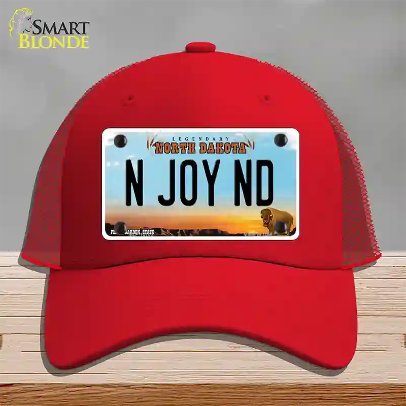 N Joy ND North Dakota Novelty License Plate Hat Mesh / Red