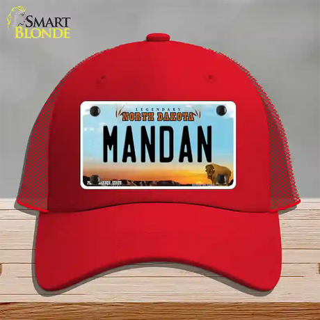 Mandan North Dakota Novelty License Plate Hat Mesh / Red