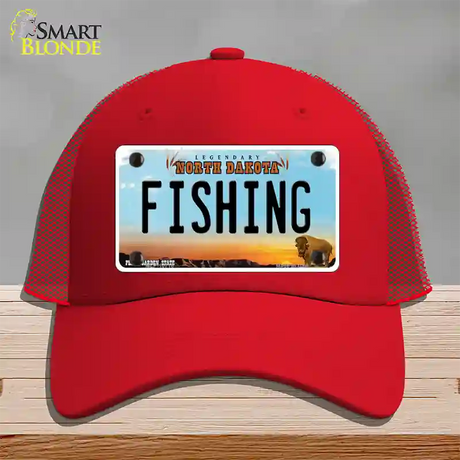 Fishing North Dakota Novelty License Plate Hat Mesh / Red