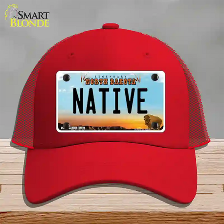 Native North Dakota Novelty License Plate Hat Mesh / Red