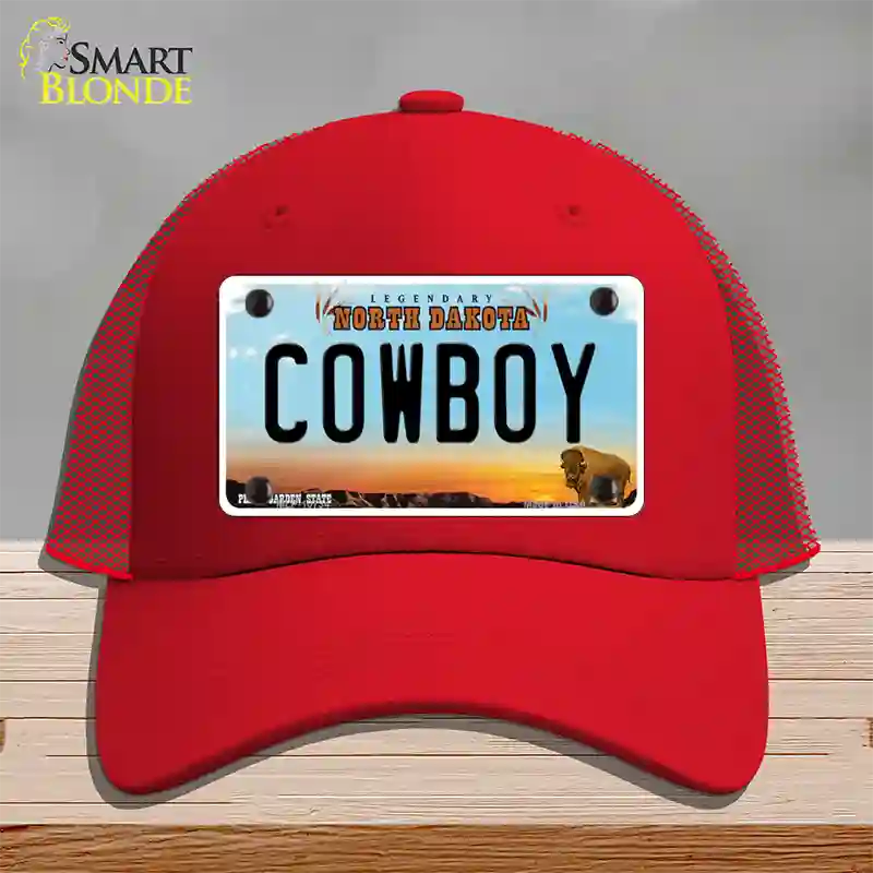 Cowboy North Dakota Novelty License Plate Hat Mesh / Red