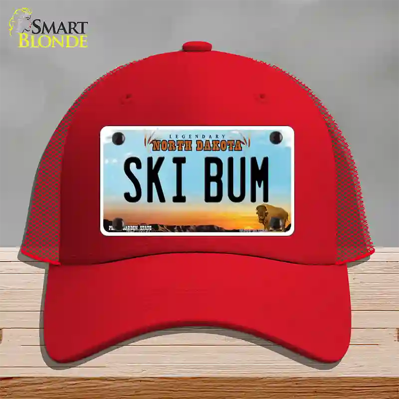 Ski Bum North Dakota Novelty License Plate Hat Mesh / Red