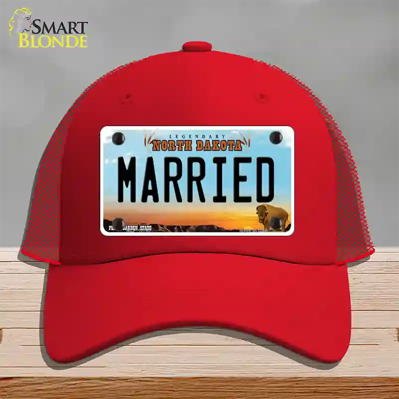 Married North Dakota Novelty License Plate Hat Mesh / Red