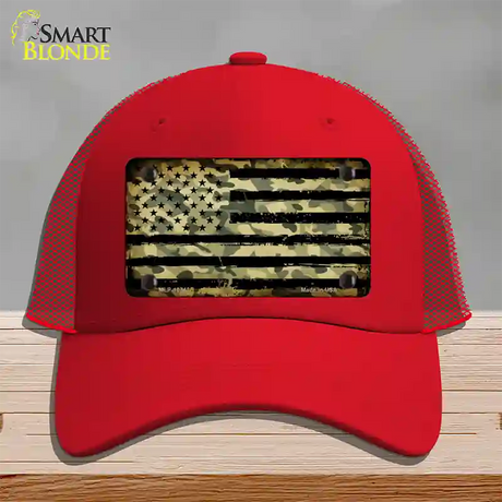 Camo American Flag Novelty License Plate Hat Mesh / Red