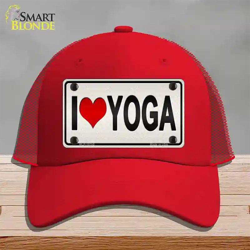 I Love Yoga Silver Novelty License Plate Hat Mesh / Red