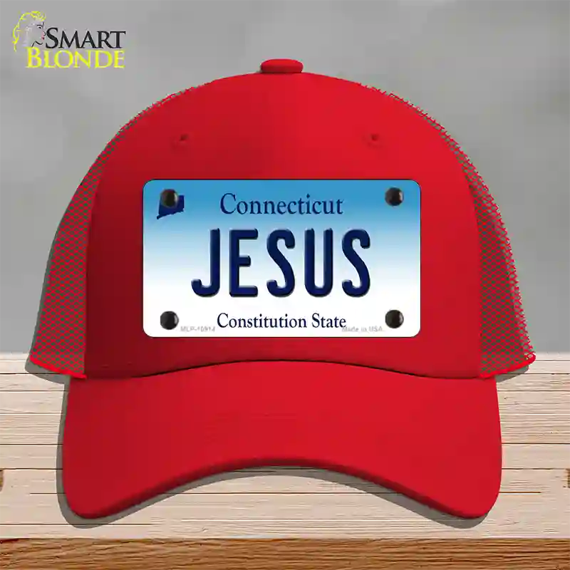 Jesus Connecticut Novelty License Plate Hat Mesh / Red