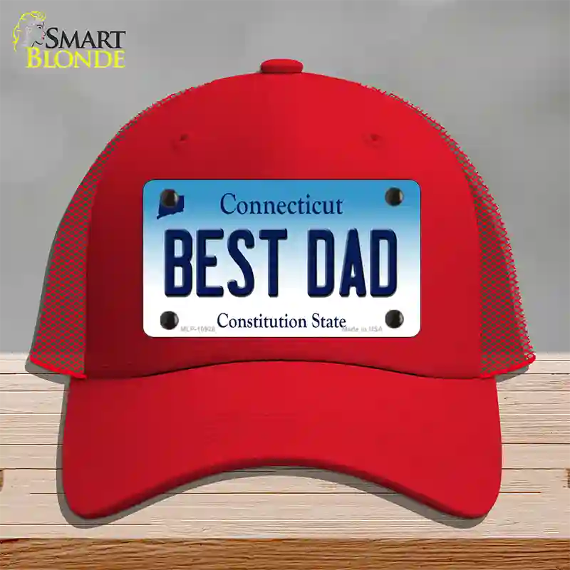 Best Dad Connecticut Novelty License Plate Hat Mesh / Red