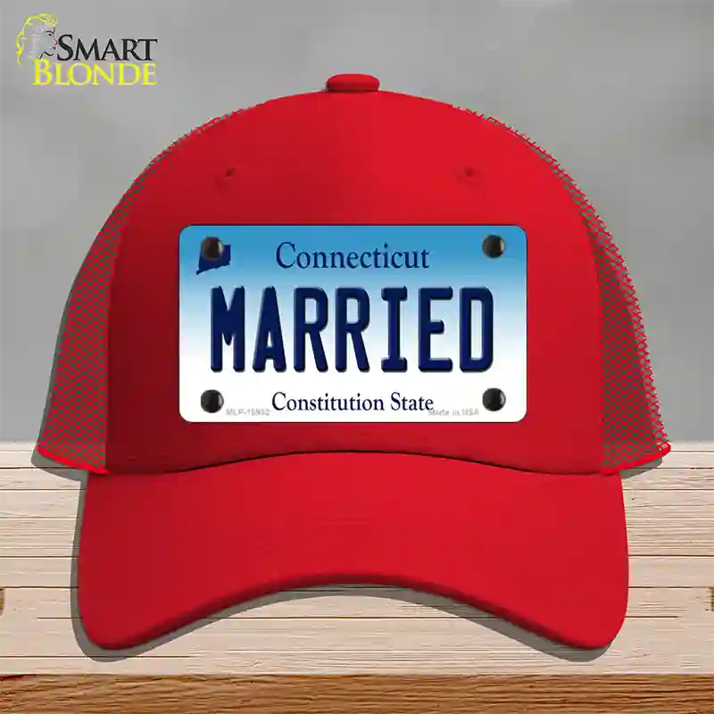 Married Connecticut Novelty License Plate Hat Mesh / Red