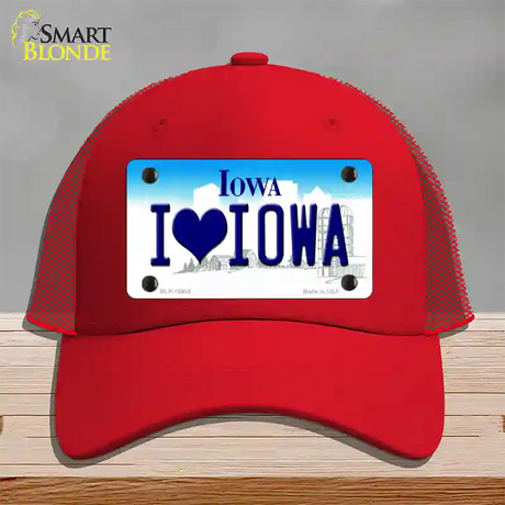 I Love Iowa Novelty License Plate Hat Mesh / Red