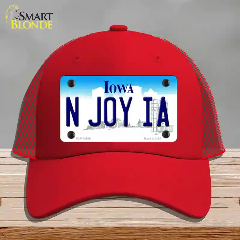 N Joy IA Iowa Novelty License Plate Hat Mesh / Red