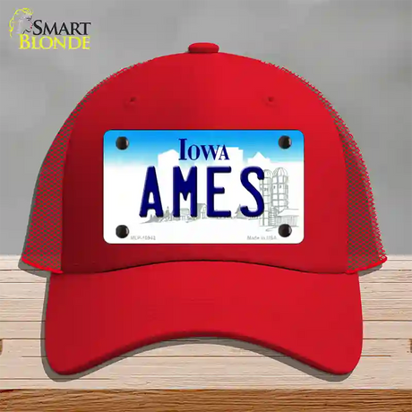 Ames Iowa Novelty License Plate Hat Mesh / Red