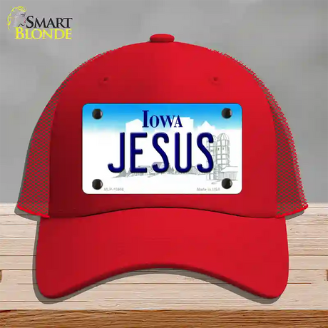 Jesus Iowa Novelty License Plate Hat Mesh / Red