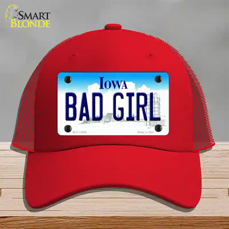 Bad Girl Iowa Novelty License Plate Hat Mesh / Red