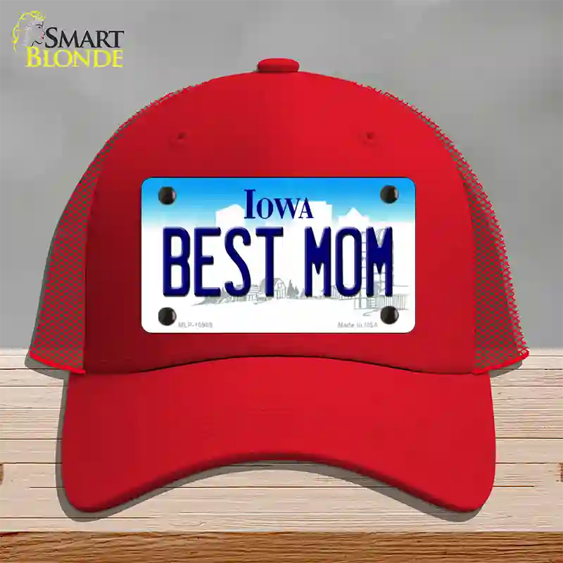 Best Mom Iowa Novelty License Plate Hat Mesh / Red