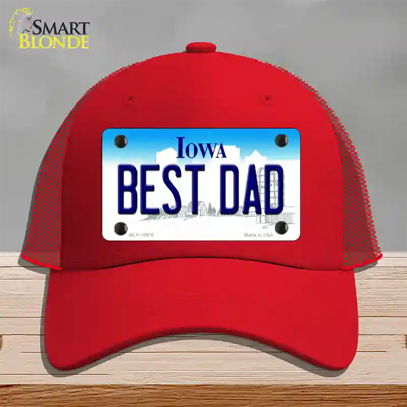 Best Dad Iowa Novelty License Plate Hat Mesh / Red