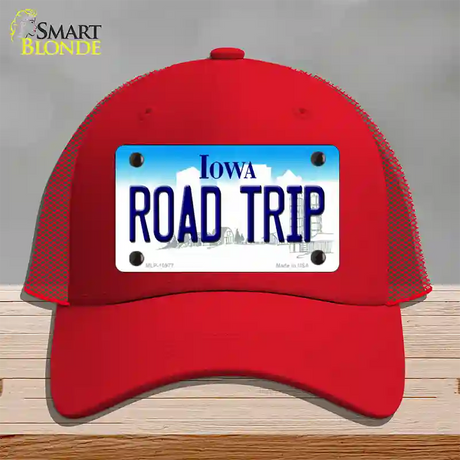 Road Trip Iowa Novelty License Plate Hat Mesh / Red