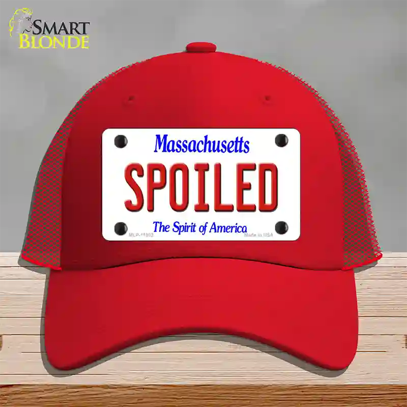 Spoiled Massachusetts Novelty License Plate Hat Mesh / Red