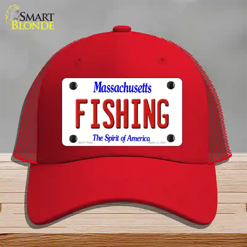 Fishing Massachusetts Novelty License Plate Hat Mesh / Red