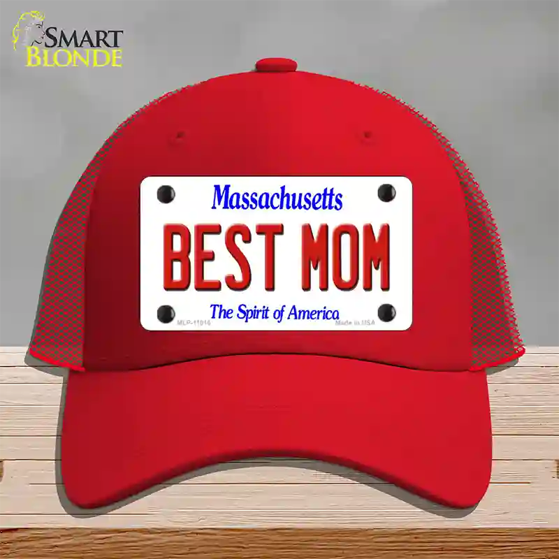 Best Mom Massachusetts Novelty License Plate Hat Mesh / Red