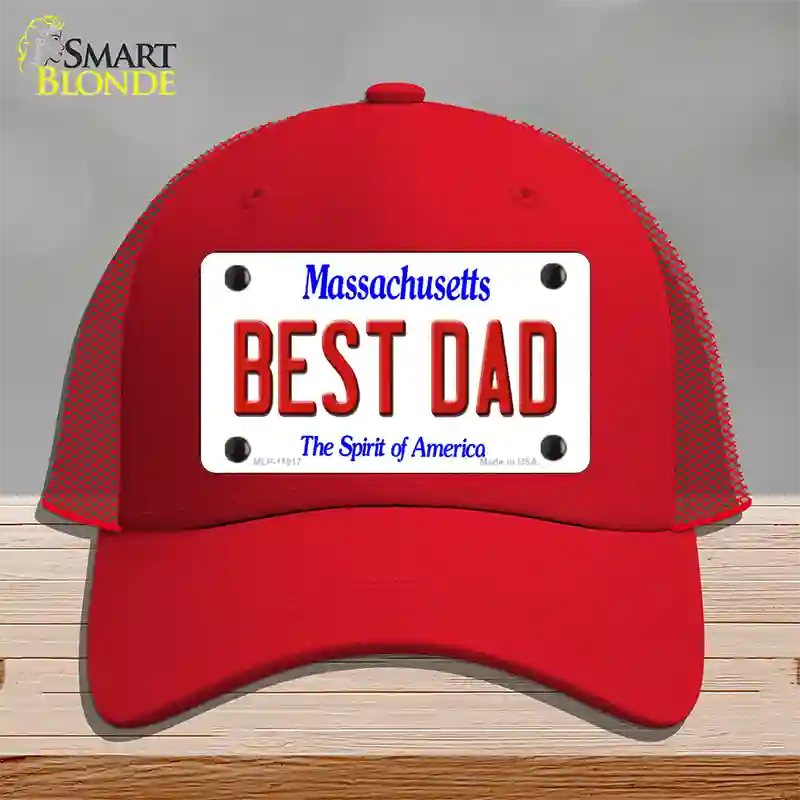 Best Dad Massachusetts Novelty License Plate Hat Mesh / Red