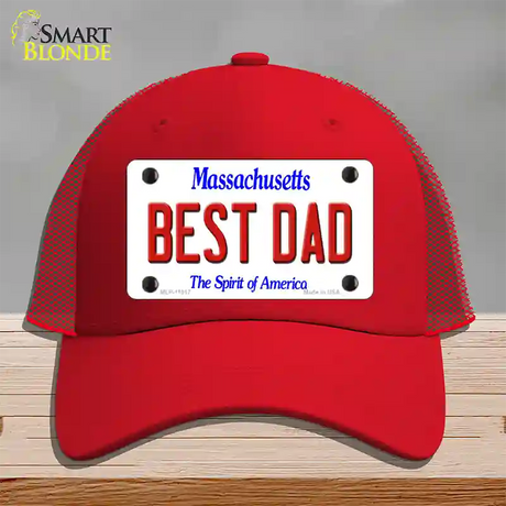 Best Dad Massachusetts Novelty License Plate Hat Mesh / Red