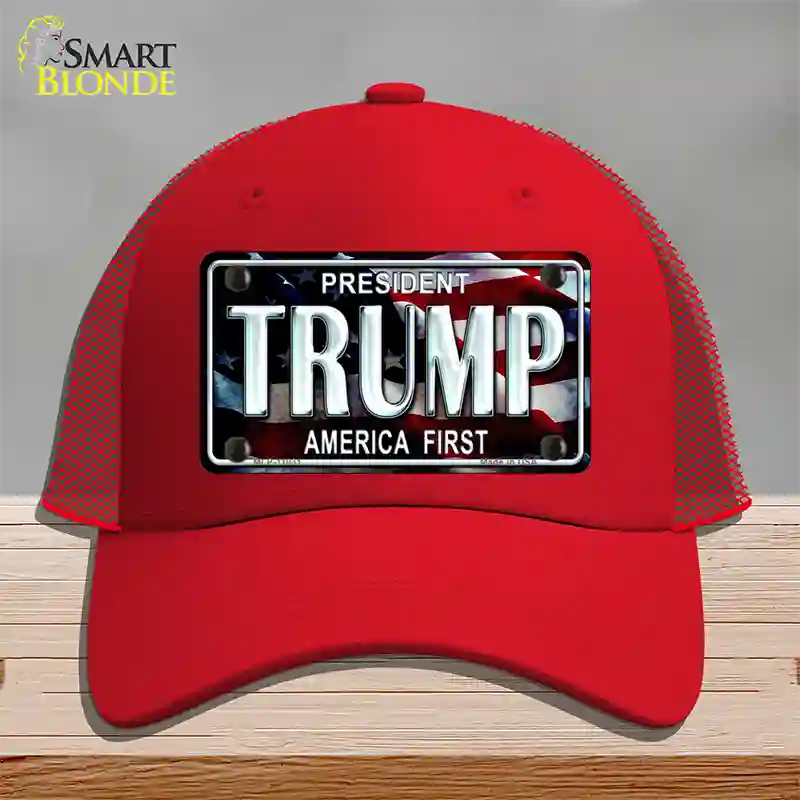 Trump America First Novelty License Plate Hat Mesh / Red