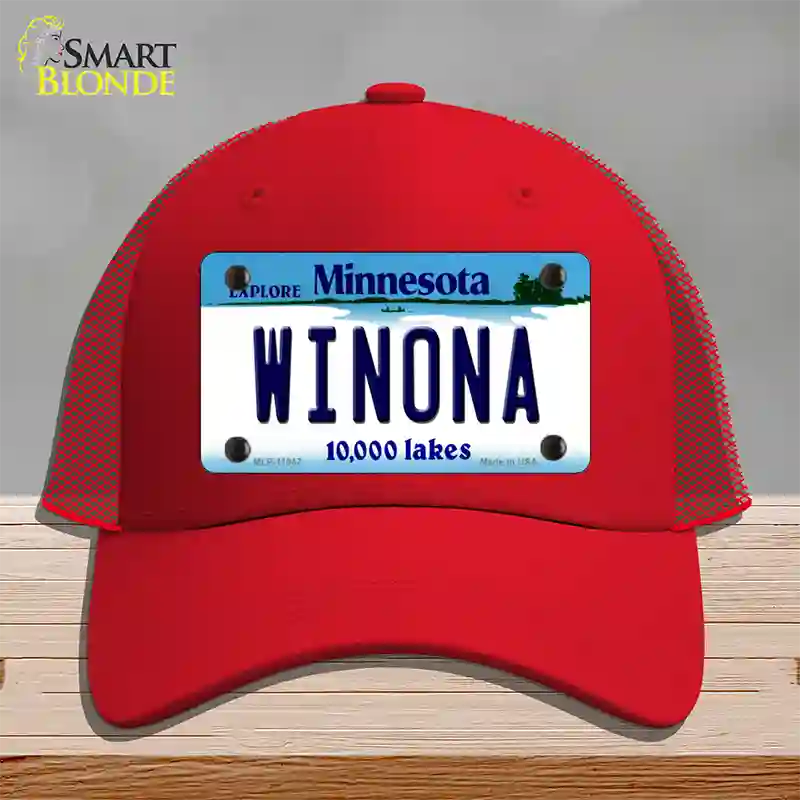 Winona Minnesota State Novelty License Plate Hat Mesh / Red