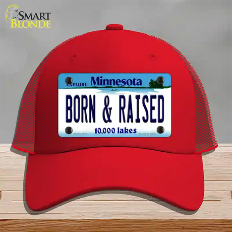 Born and Raised Minnesota State Novelty License Plate Hat Mesh / Red