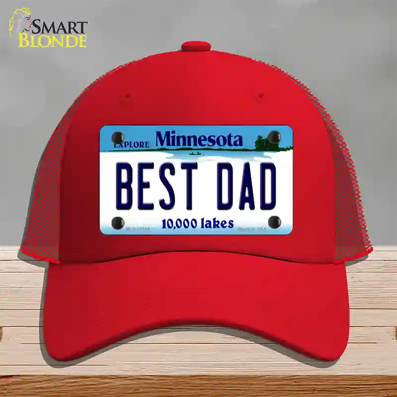 Best Dad Minnesota State Novelty License Plate Hat Mesh / Red