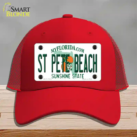 St Pete Beach Florida Novelty License Plate Hat Mesh / Red