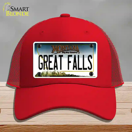 Great Falls Montana State Novelty License Plate Hat Mesh / Red