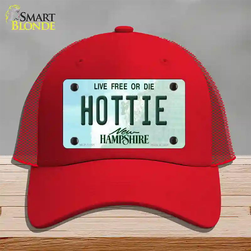 Hottie New Hampshire State Novelty License Plate Hat Mesh / Red