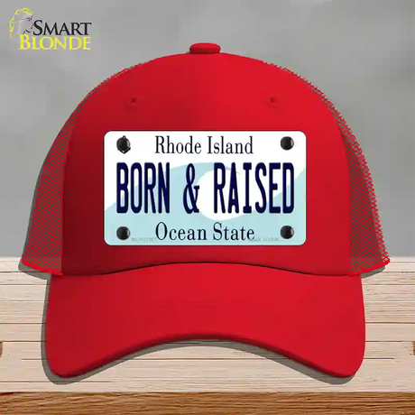 Born and Raised Rhode Island State Novelty License Plate Hat Mesh / Red