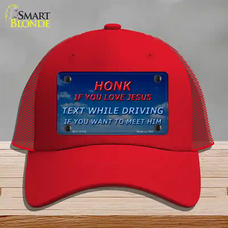 Honk If You Love Jesus Novelty License Plate Hat Mesh / Red