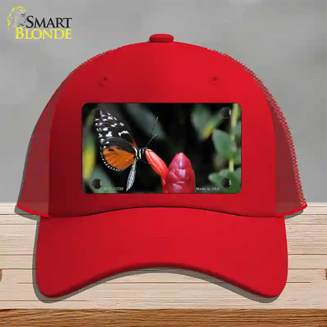 Butterfly On Red Flower Novelty License Plate Hat Mesh / Red