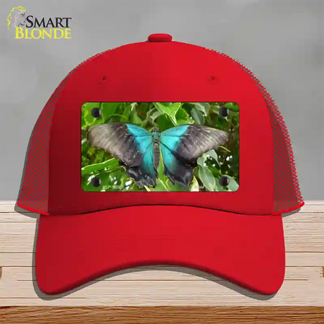 Butterfly Blue and Black Novelty License Plate Hat Mesh / Red