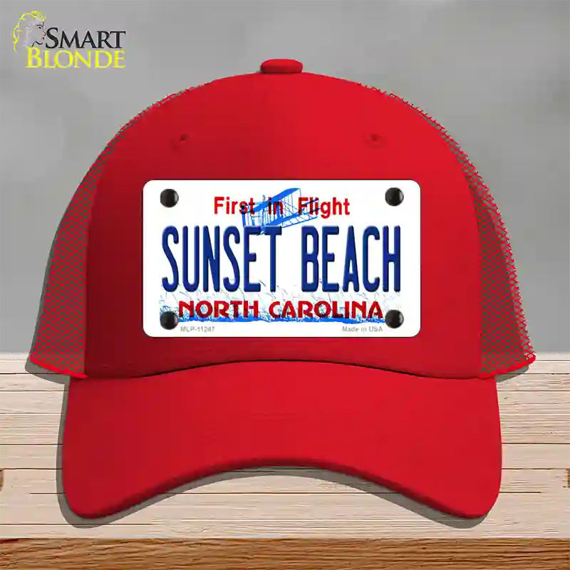 Sunset Beach North Carolina State Novelty License Plate Hat Mesh / Red