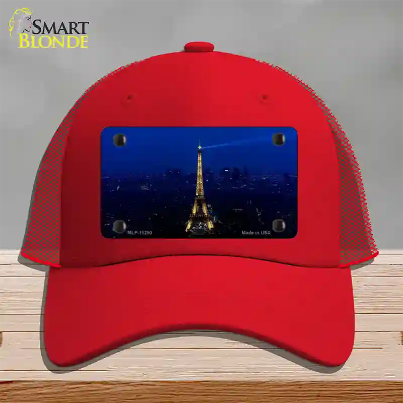 Eiffel Tower Night With City Skyline Novelty License Plate Hat Mesh / Red