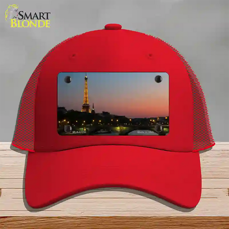 Eiffel Tower Night With River and Bridge Novelty License Plate Hat Mesh / Red