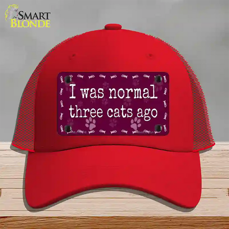 I Was Normal Three Cats Ago Novelty License Plate Hat Mesh / Red