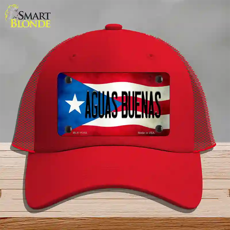 Aguas Buenas Puerto Rico Flag Novelty License Plate Hat Mesh / Red