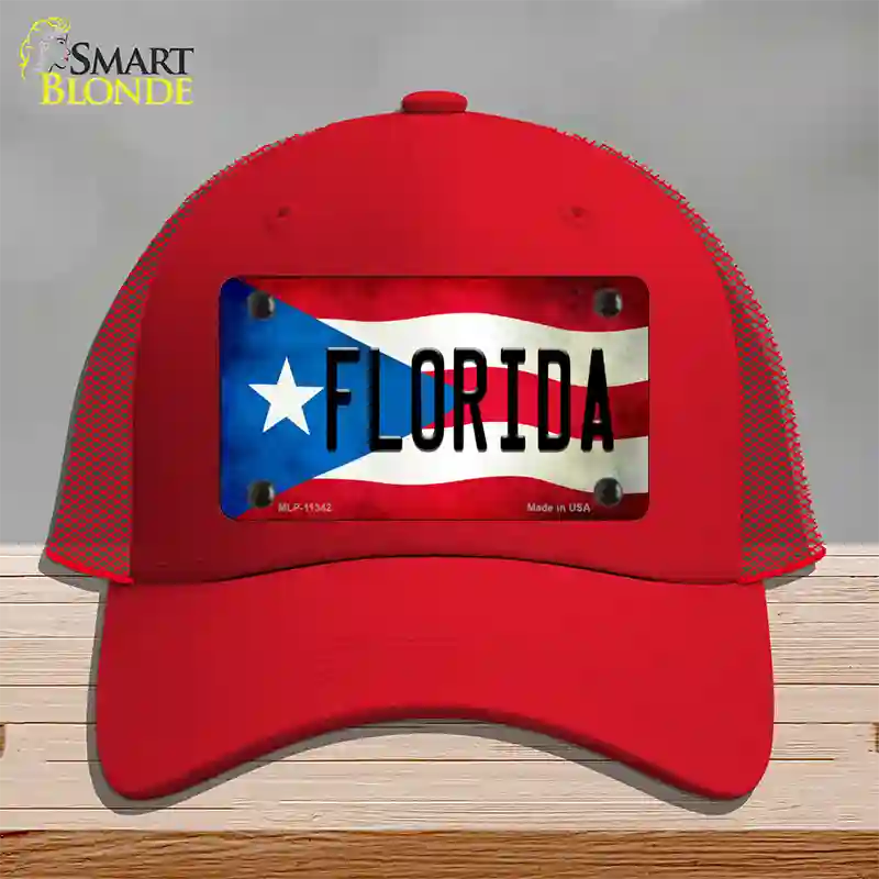 Florida Puerto Rico Flag Novelty License Plate Hat Mesh / Red