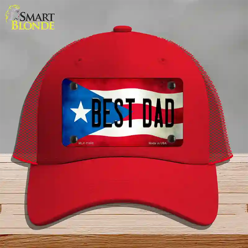 Best Dad Puerto Rico Flag Novelty License Plate Hat Mesh / Red