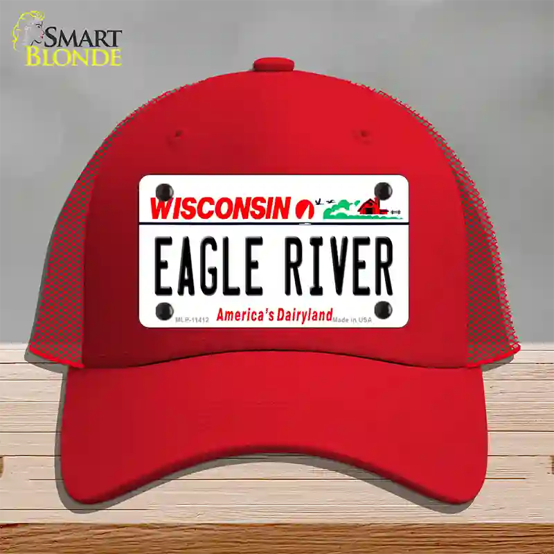 Eagle River Wisconsin Novelty License Plate Hat Mesh / Red