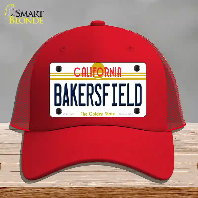 Bakersfield California Novelty License Plate Hat Mesh / Red