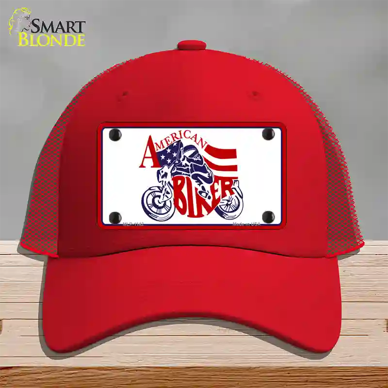 American Patriotic Biker Novelty License Plate Hat Mesh / Red